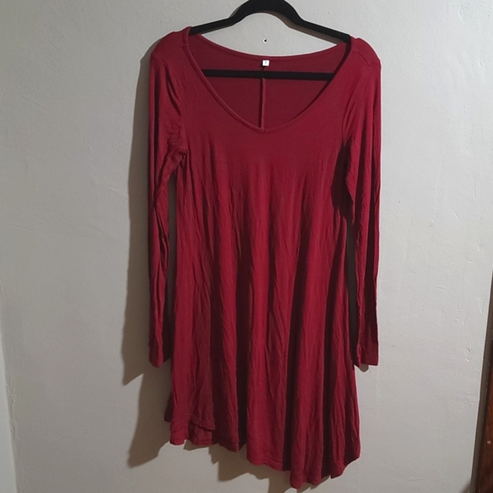 EUC Women's Maternity Red Asymmetrical Long Sleeve Mini Dress Tunic Top - SMALL